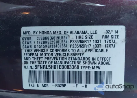 2014 Honda Odyssey Exl from USA, damaged, VIN 5FNRL5H61EB083368